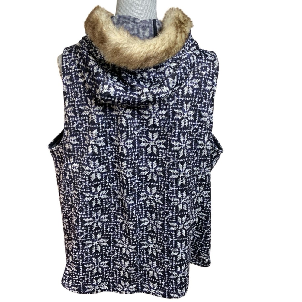 Talbots‎ Knit Vest Full Zip Navy Blue Faux Fur Trim Hood Snow Flake Nordic 2X - Picture 4 of 16